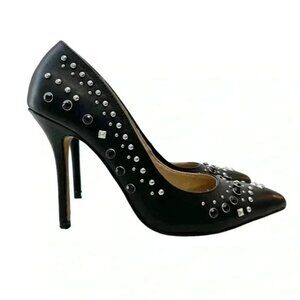 Aldo Black Leather Pumps Pointed Toe High Heel Rhinestone Studded Stilettos 7.5